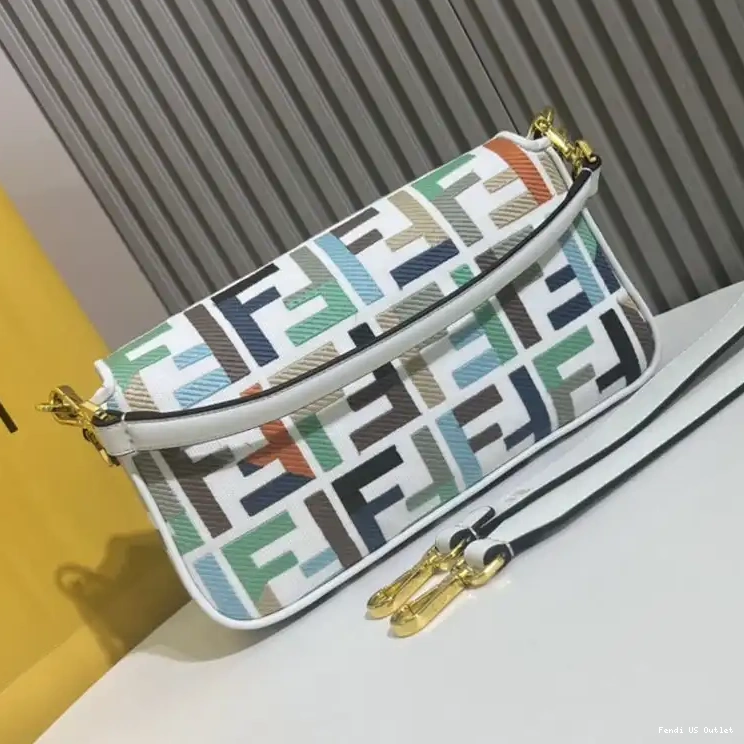 Cheap HOT In Motif FF Baguette White Canvas Bag Multi Fendi Medium 0616